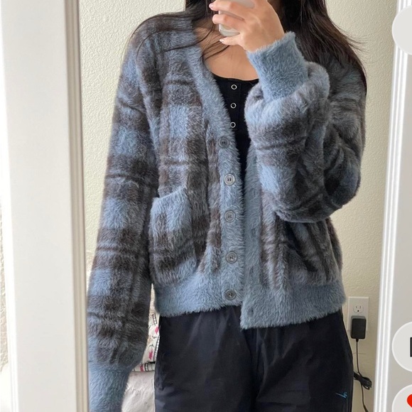 Blue plaid fuzzy cardigan - Picture 1 of 3